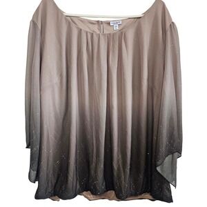 Rebecca Malone Plus Size 3X Blouse Ombre Taupe Grey Glitter Flutter Sleeve Top